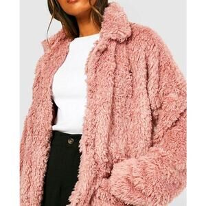 NWT Small Pink Faux Fur Vegan Teddy Jacket Mauve Dusty Coat Shacket Shaggy‎